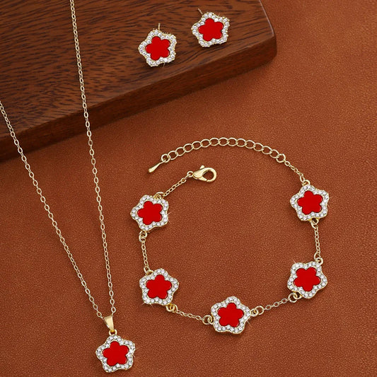 3-teiliges Schmuckset: Halskette, Armband & Ohrringe mit Fünf-Blatt-Blume in Rot