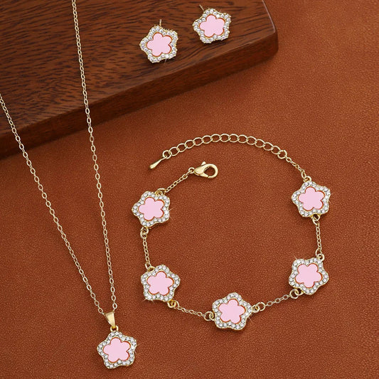 3-teiliges Schmuckset: Halskette, Armband & Ohrringe mit Fünf-Blatt-Blume in Rosa