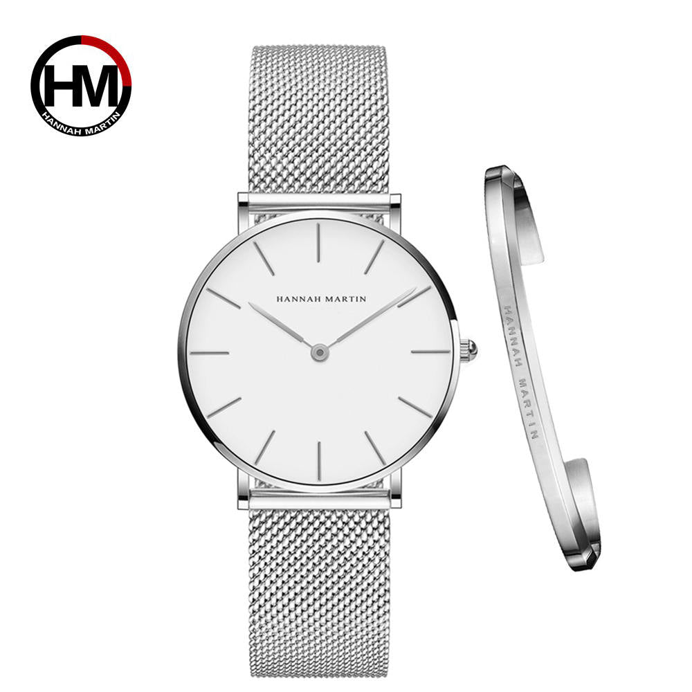 Hannah Martin Damen-Uhrenset mit Armband in Silber mit weißem Zifferblatt