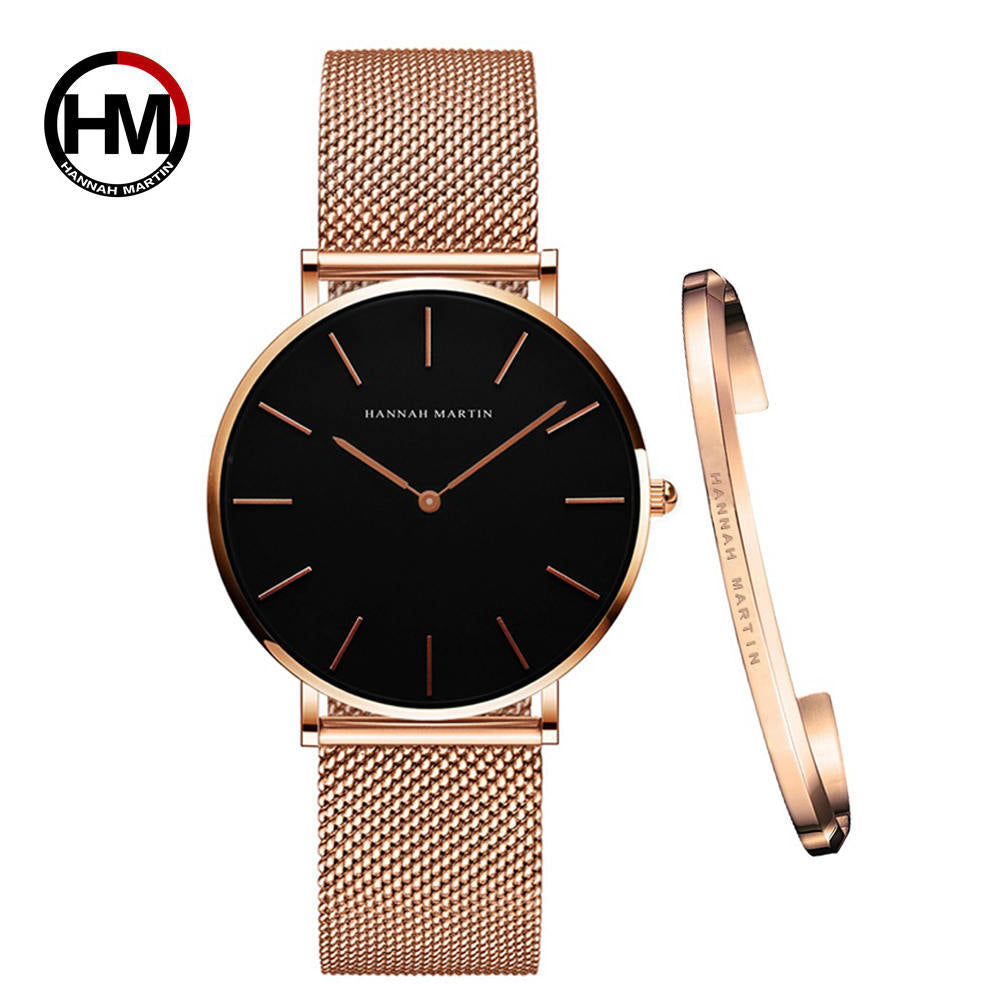 Hannah Martin Damen-Uhrenset mit Armband in Gold mit schwarzem Zifferblatt