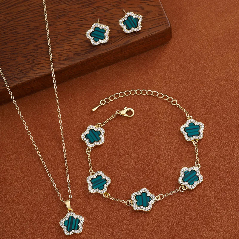 3-teiliges Schmuckset: Halskette, Armband & Ohrringe mit Fünf-Blatt-Blume in Grün