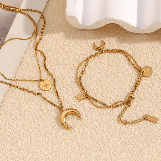 Vergoldete Halskette & Armband mit Mond & Stern